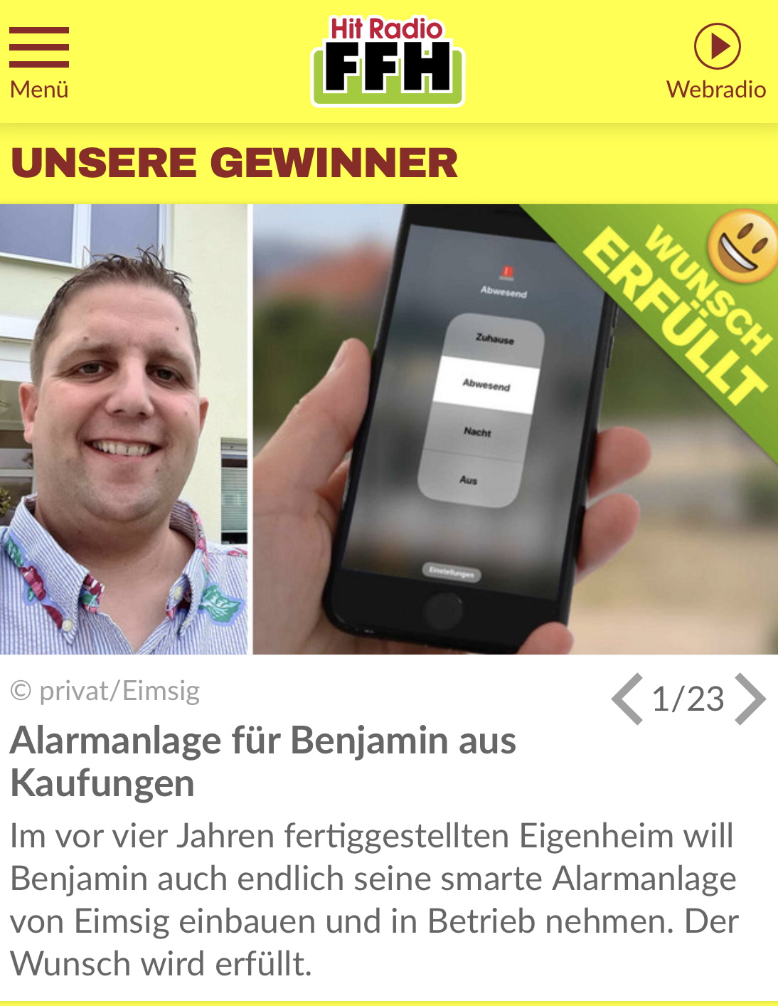 Benjamin gewinnt Eimsig Alarmanlage bei FFH